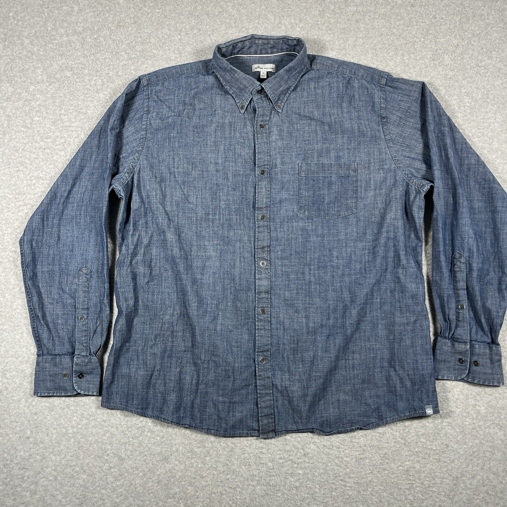 Peter Millar Shirt Mens XL Blue Tamworth Chambray Cotton Stretch Button Down